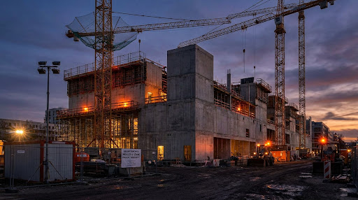 Modern German construction site at dusk with cranes and raw concrete